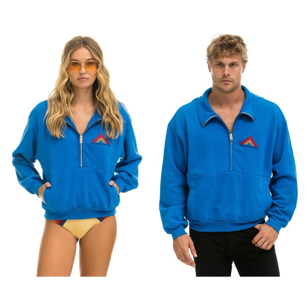 NWT Aviator Nation Mountain Embroidery Half Zip Sweatshirt Ocean Size UNISEX XL